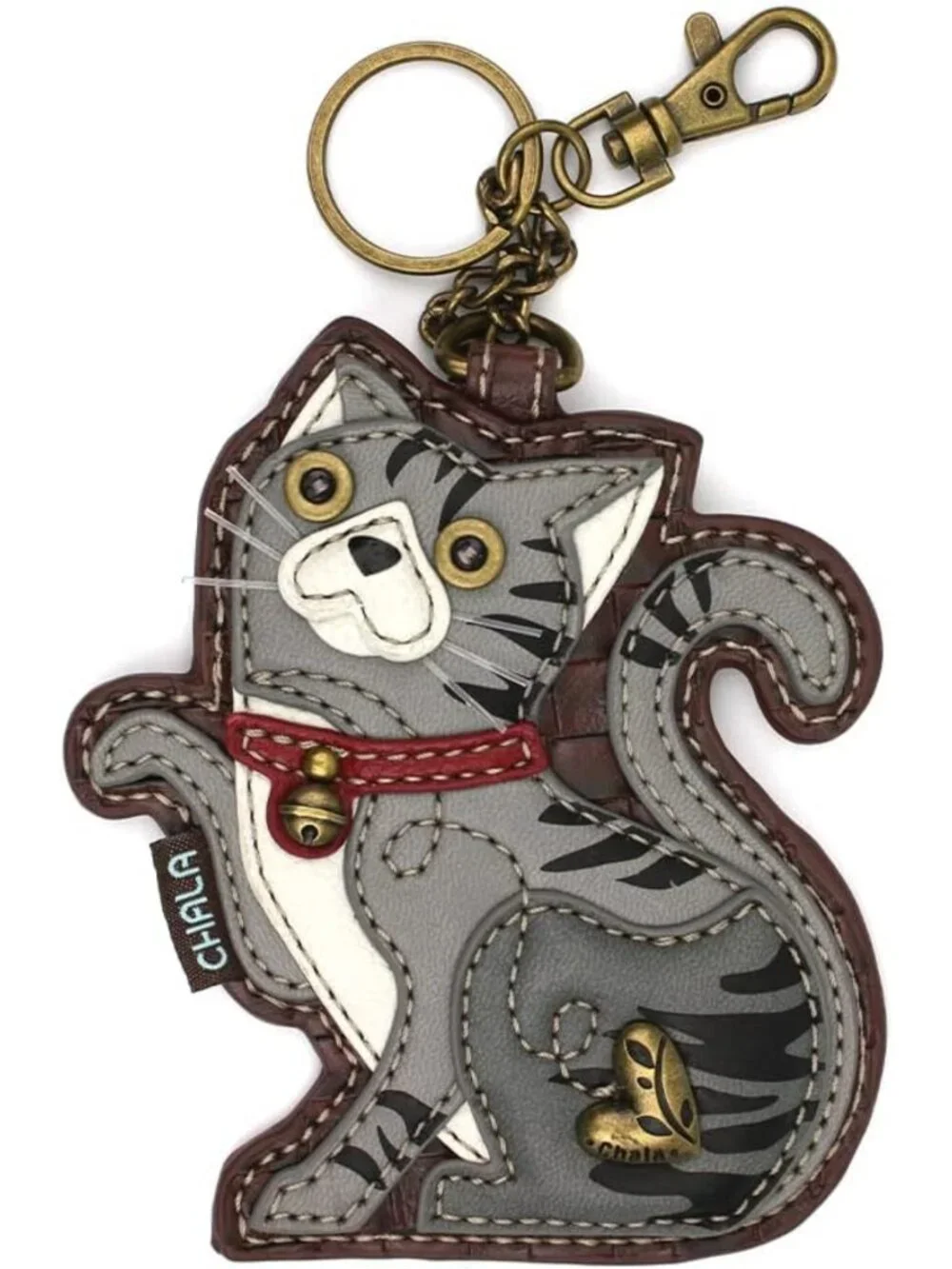 Cute Cat Key Fob & Coin Purse Accessory - Tabby Cat Design - Gray Color